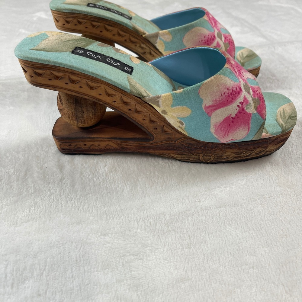 Cha Cha Womens Floral Carved Wood Platform Wedge Sandals Sz 8 Tropical Tiki Read